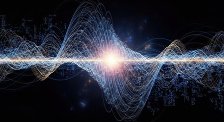 Glowing blue and yellow light waves undulate across a dark background, interspersed with faint mathematical equations and symbols. The composition is abstract and energetic.の素材