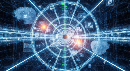 A glowing blue digital tunnel with radiating lines and abstract cloud-like shapes. Small screens with images are embedded within the structure.の素材