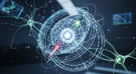 Abstract digital network with glowing blue and green neurons connected by lines and dots. A futuristic compass with red and green indicators is central, surrounded by data points and scales.の素材