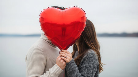 A couple holds a large red heart-shaped balloon in front of their faces, hands clasped. They stand outdoors by a body of water under an overcast sky.の素材