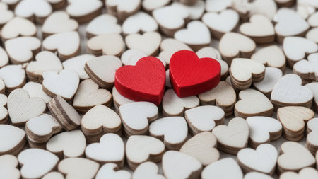 A close-up view of numerous small wooden hearts, mostly pale and natural wood, with two vibrant red hearts prominently placed in the center.の素材