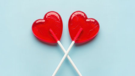 Two bright red heart shaped lollipops with white sticks are crossed against a solid light blue background. The lollipops have a glossy finish.の素材
