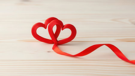 Two bright red heart shapes are intertwined and connected by a flowing red ribbon. They rest on a light-colored wooden surface with visible grain lines.の素材
