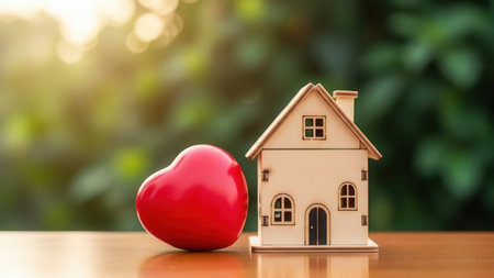 A miniature wooden house and a shiny red heart sit on a polished wooden surface. Soft green foliage and warm sunlight create a blurred bokeh background.の素材