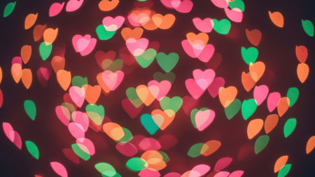 Soft focus heart shapes in pink, orange, and green glow against a dark background. The lights are blurred and overlapping, creating a dreamy, romantic atmosphere.の素材
