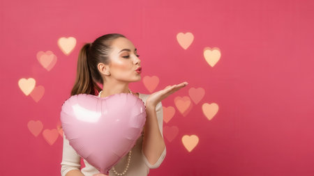 A woman with a ponytail blows a kiss while holding a pink heart-shaped balloon. She wears a pearl necklace and a light-colored top against a pink background with heart-shaped bokeh lights.の素材