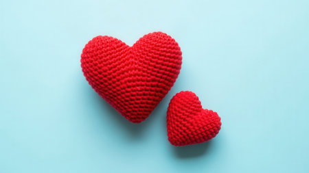 Two red crocheted hearts, one large and one small, are positioned on a solid light blue background. The texture of the crochet is clearly visible on both heart shapes.の素材