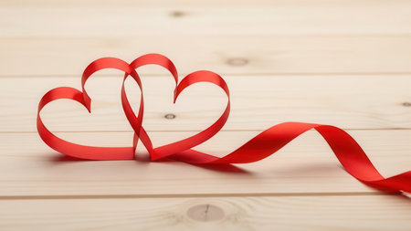 Two red satin ribbons are shaped into hearts, intertwined on a light-colored wooden surface. The ribbons are smooth and reflective, with a gentle curve.の素材