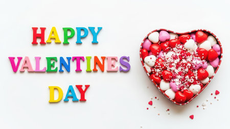 Colorful wooden letters spell Happy Valentines Day on a white background next to a heart shaped box overflowing with red pink and white heart shaped candies and sprinklesの素材