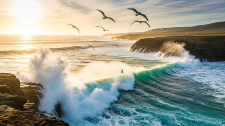 Golden sunset illuminates a dramatic seascape with large turquoise waves crashing against dark rocky cliffs. Seagulls fly in the sky above the turbulent ocean spray.の素材