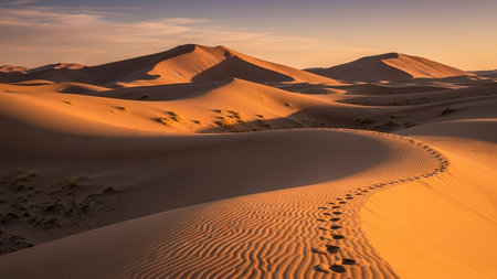 Golden sand dunes stretch across the horizon under a warm sunset sky. Rippled sand textures and a winding path of footprints lead the eye through the arid landscape.の素材