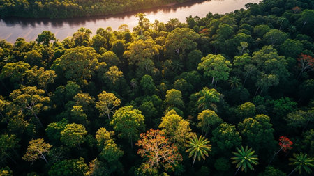 Aerial view of a dense green rainforest canopy with a winding river reflecting the warm glow of sunset light.の素材