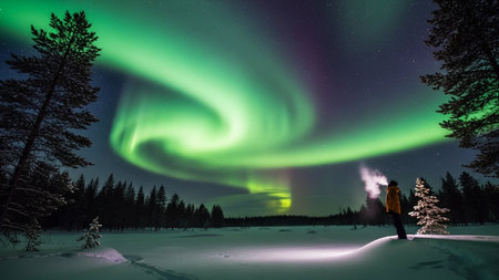A person in a yellow jacket stands on a snow-covered hill, looking up at a vibrant green aurora borealis swirling across a starry night sky. Pine trees and a dark forest line the horizon.の素材