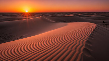 Rolling desert sand dunes under a vibrant orange sunset sky. Sun rays emanate from the setting sun, casting long shadows and highlighting the rippled texture of the sand.の素材