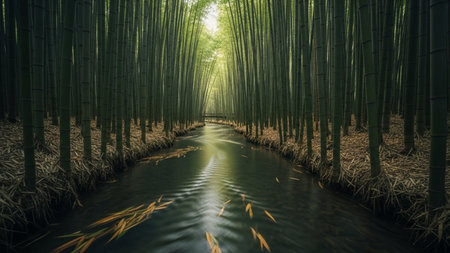 Tall, dark green bamboo stalks line a winding stream. Dry leaves float on the water's surface. A small bridge is visible in the distance.の素材
