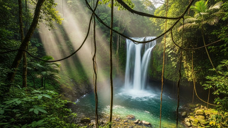 A multi-tiered waterfall cascades into a turquoise pool surrounded by dense green jungle foliage. Sunbeams pierce the misty air, illuminating hanging vines and lush trees.の素材