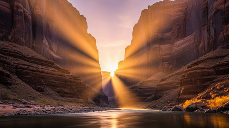Sunbeams stream through a narrow canyon, illuminating a dark river and rocky banks. The sky is a soft purple and orange hue.の素材