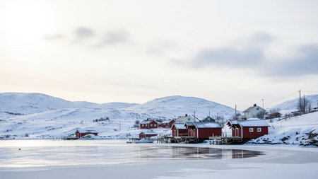 Red wooden houses line a frozen lake with icy water reflecting the pale sky. Snow-covered hills rise in the background under a cloudy, overcast sky.の素材