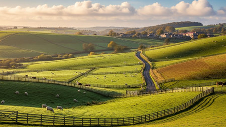 Sunlit rolling green hills with sheep and cows grazing in fenced pastures. A winding dirt road leads towards a village nestled in the distance under a soft blue sky with clouds.の素材
