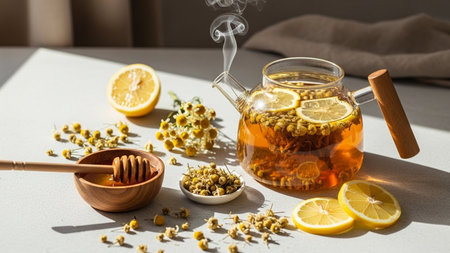 A glass teapot filled with golden chamomile tea and lemon slices steams gently. Dried chamomile flowers, fresh lemon slices, and a wooden honey dipper in a bowl are arranged on a light surface with shadows.の素材