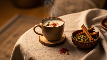A brown mug of steaming white liquid topped with saffron threads and cardamom seeds sits on a wooden coaster. A bowl of cardamom pods and cinnamon sticks is nearby on a textured linen cloth.の素材
