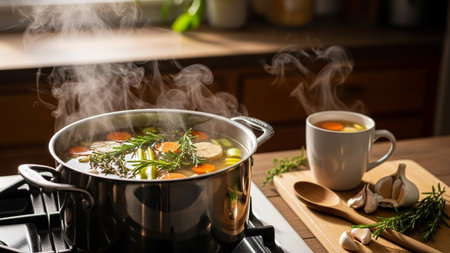A stainless steel pot filled with simmering vegetable soup, emitting visible steam. Beside it, a white mug holds broth, with garlic, rosemary, and a wooden spoon on a cutting board.の素材