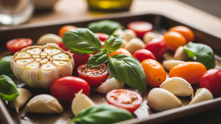 A baking sheet filled with whole and halved cherry tomatoes, garlic cloves, and fresh basil leaves. The garlic head is cut in half and glistening with oil.の素材