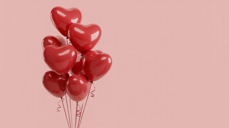 Red heartshaped balloons floating against a pink backgroundの素材