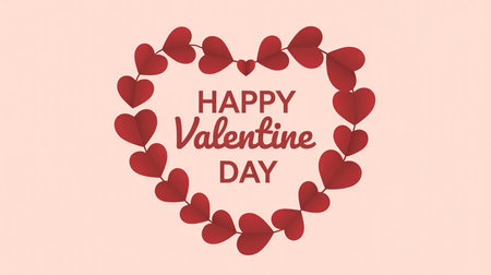 Happy Valentines Day text surrounded by red heart decorationsの素材