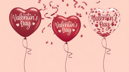 Three heartshaped balloons with Valentines Day text and confettiの素材