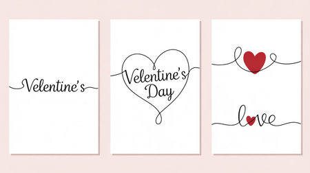 Three Valentines Day cards with heart and love symbols on a pink backgroundの素材