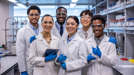 A group of scientists in lab coats and safety goggles smiling in a laboratoryの素材