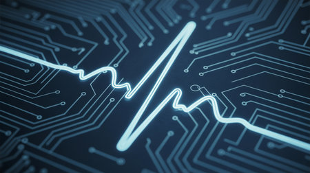 A digital heart rate monitor displayed on a futuristic circuit board backgroundの素材