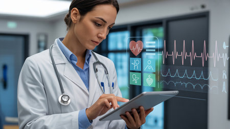 A doctor in a white coat with a stethoscope uses a digital tablet displaying health icons and heart rate dataの素材