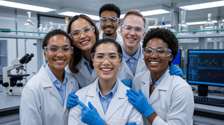 Five scientists in lab coats and safety goggles smiling in a laboratoryの素材