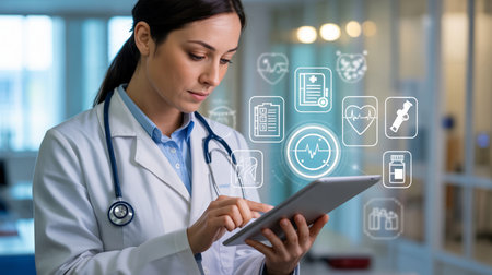 A doctor in a white coat with a stethoscope uses a digital tablet with medical icons floating aroundの素材
