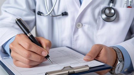 A doctor in a white coat writes on a clipboard with a penの素材