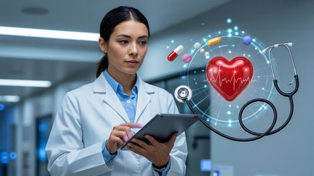 A doctor in a white lab coat using a digital tablet with a holographic medical interfaceの素材