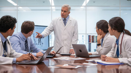Group of doctors in white coats discussing medical data around a table with laptopsの素材