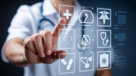 A doctor in a white coat with a stethoscope touching a digital screen with medical iconsの素材