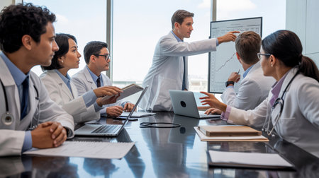 Doctors in white coats are gathered around a table with laptops and documentsの素材