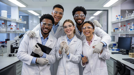 Five scientists in lab coats and safety goggles posing in a laboratoryの素材