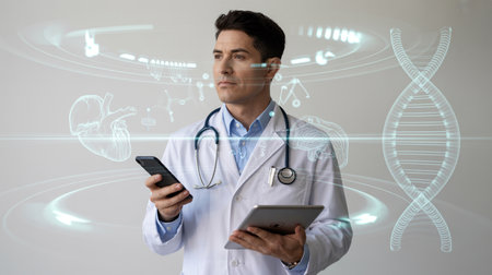 A doctor in a white coat holding a smartphone and a tablet with holographic medical graphicsの素材