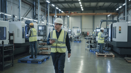 Man in high visibility vest and helmet using a tablet in a modern factory with machinery and workersの素材