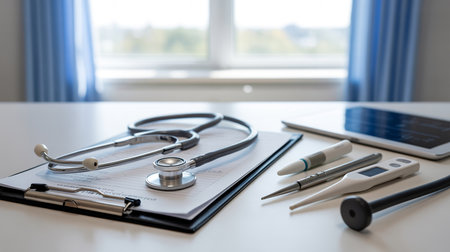 Medical tools and a laptop on a desk near a windowの素材