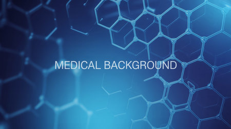 Blue hexagonal pattern background with medical text overlayの素材