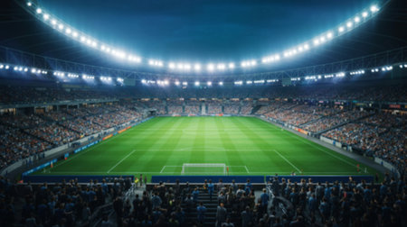 A large stadium filled with spectators watching a football match at nightの素材