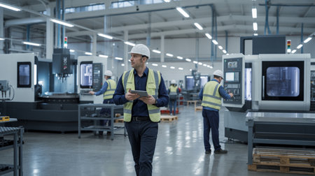 A man in a hard hat and high visibility vest walks through a modern factory with machineryの素材
