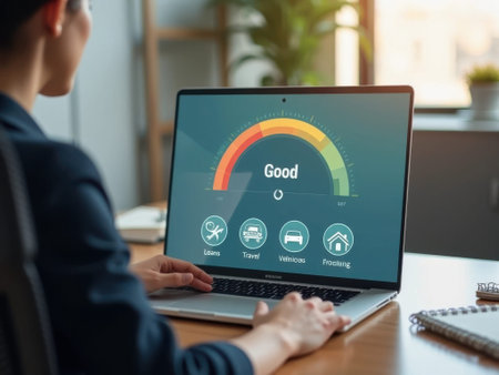 A woman sits at a desk using a laptop with a credit score gauge on the screen. The gauge a good credit score with a color gradient from red to green. Four are displayed below the gauge: loans,........の素材