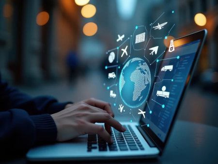 A person wearing a dark blue sweater is typing on a silver laptop with a black keyboard. The laptop screen a blue globe surrounded by white logistics including airplanes, trucks, and shipping.........の素材